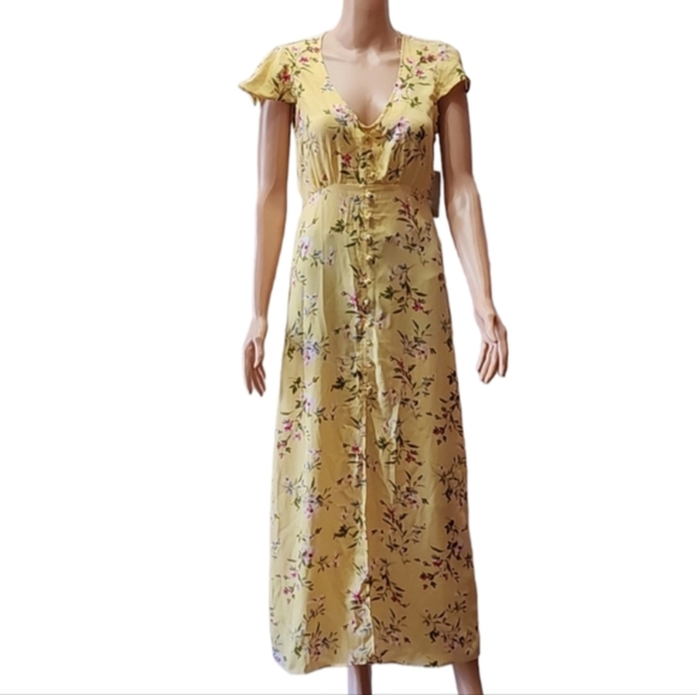 CHARMED HEARTS Yellow Floral‎ Maxi Dress Short Sleeve Size Small